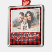 Brush Script Kariert Family Erste Weihnachtszeit Ornament Aus Metall (Links)
