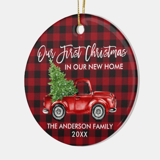 Brush Script Kariert First Christmas New Zuhause T Keramik Ornament (Links)