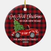 Brush Script Kariert First Christmas New Zuhause T Keramik Ornament (Hinten)