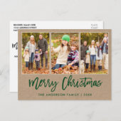 Brush Script Kraft 3 Foto Weihnachten Postkarte (Vorne/Hinten)