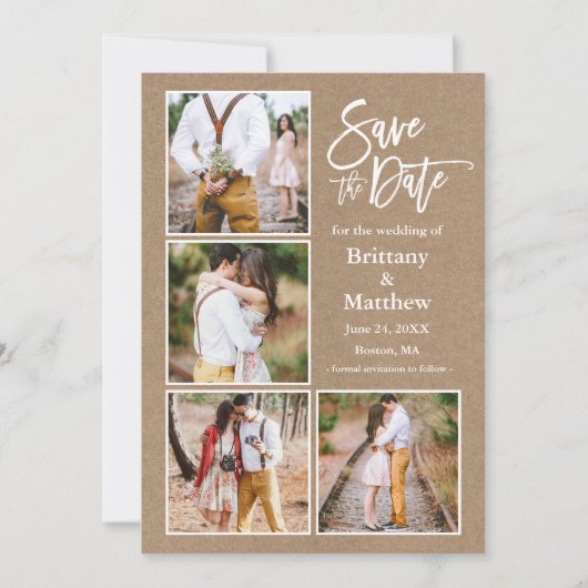 Brush Script Kraft 4 Foto Verlobung Save The Date (Vorderseite)