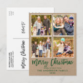Brush Script Kraft Familie 4 Foto Weihnachten Grün Postkarte (Vorne/Hinten)