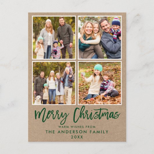 Brush Script Kraft Familie 4 Foto Weihnachten Grün Postkarte (Vorderseite)