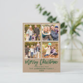 Brush Script Kraft Familie 4 Foto Weihnachten Grün Postkarte (Stehend Vorderseite)
