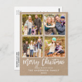 Brush Script Kraft Familie 4 Foto Weihnachten Postkarte (Vorne/Hinten)