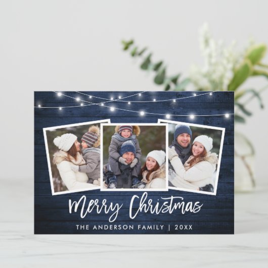 Brush Script Lights Blue Wood 3 Foto Weihnachten (Stehend Vorderseite)