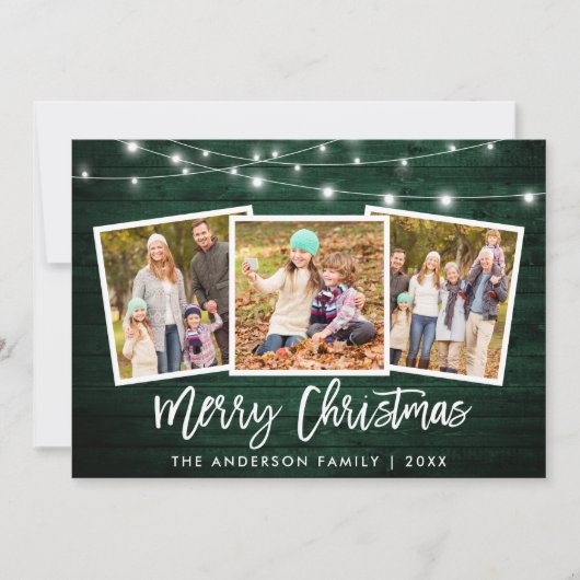 Brush Script Lights Green Wood 3 Foto Weihnachten (Vorderseite)