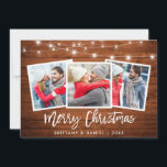 Brush Script Lights Rustic Wohnen Weihnachten 3 Fo<br><div class="desc">Rustic Wood Brush Script 3 Foto Frohe Weihnachtskarte mit String Lights</div>