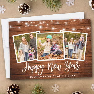 Brush Script Lights Wood 3 Foto Happy New Year Feiertagskarte