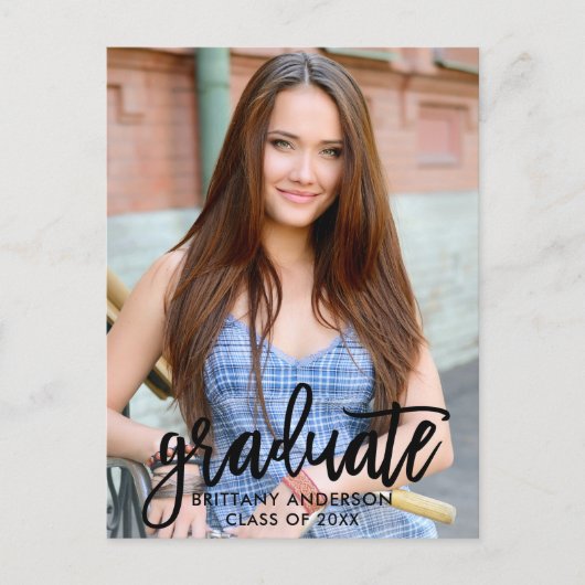 Brush Script Modern Graduation Party Foto Einladungspostkarte (Vorderseite)