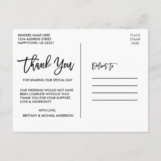 Brush Script Modern Wedding Foto Vielen Dank Postkarte (Rückseite)