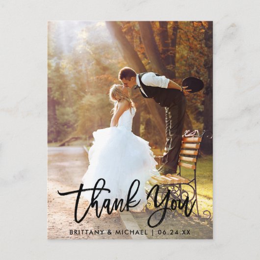Brush Script Modern Wedding Foto Vielen Dank Postkarte (Vorderseite)