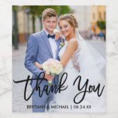 Brush Script Moderne Hochzeit Danke Foto Weinetikett (Einzelnes Label)