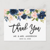 Brush Script Pink Blue Floral Wedding Vielen Dank Postkarte (Vorderseite)