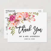 Brush Script Pink Floral Wedding Vielen Dank Postkarte (Vorne/Hinten)