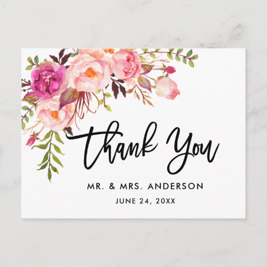 Brush Script Pink Floral Wedding Vielen Dank Postkarte (Vorderseite)