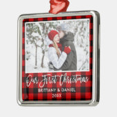 Brush Script Red Kariert Couple Erste Weihnachtsfe Ornament Aus Metall (Links)