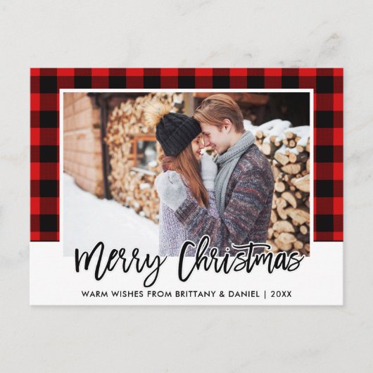 Brush Script Red Kariert Couple Foto Christmas Postkarte (Vorderseite)