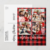 Brush Script Red Kariert Family 4 Foto Weihnachten Postkarte (Vorne/Hinten)