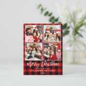 Brush Script Red Kariert Family 4 Foto Weihnachten Postkarte (Stehend Vorderseite)