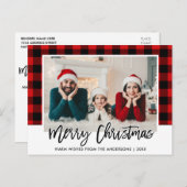 Brush Script Red Kariert Family Foto Christmas Postkarte (Vorne/Hinten)