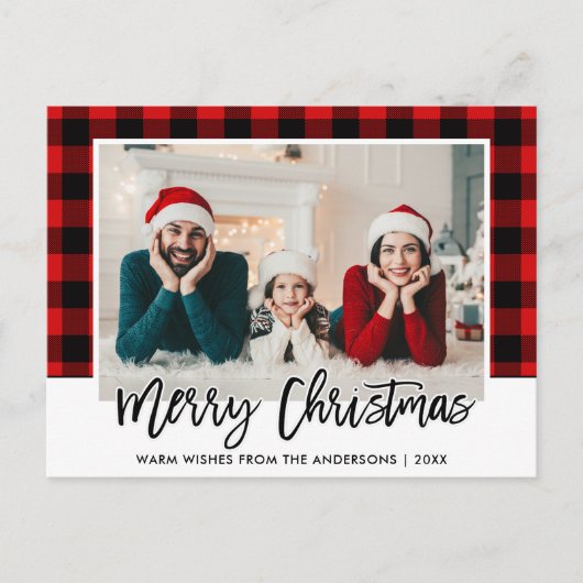 Brush Script Red Kariert Family Foto Christmas Postkarte (Vorderseite)