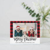 Brush Script Red Kariert Family Foto Christmas Postkarte (Stehend Vorderseite)