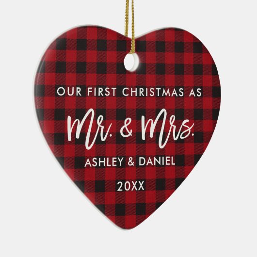 Brush Script Red Kariert First Christmas Mr. Mrs. Keramik Ornament (Rechts)