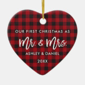 Brush Script Red Kariert First Christmas Mr. Mrs. Keramik Ornament (Vorne)