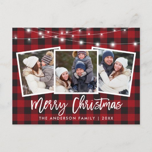 Brush Script Red Kariert Lights 3 Foto Weihnachten Postkarte (Vorderseite)