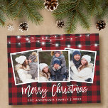 Brush Script Red Kariert Lights 3 Foto Weihnachten Postkarte<br><div class="desc">Brush Script 3 Foto Familie Frohe Weihnachtskarte mit String Lights - Red Buffalo Kariert</div>