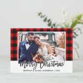 Brush Script Red Kariert Wedding Foto Weihnachten (Stehend Vorderseite)