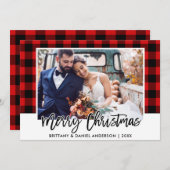 Brush Script Red Kariert Wedding Foto Weihnachten (Vorne/Hinten)