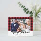 Brush Script Red Kariert Wedding Foto Weihnachten Postkarte (Stehend Vorderseite)