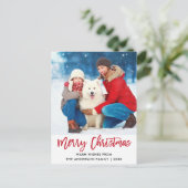 Brush Script Red Merry Christmas Star Foto Postkarte (Stehend Vorderseite)