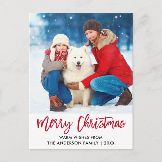 Brush Script Red Merry Christmas Star Foto Postkarte (Vorderseite)