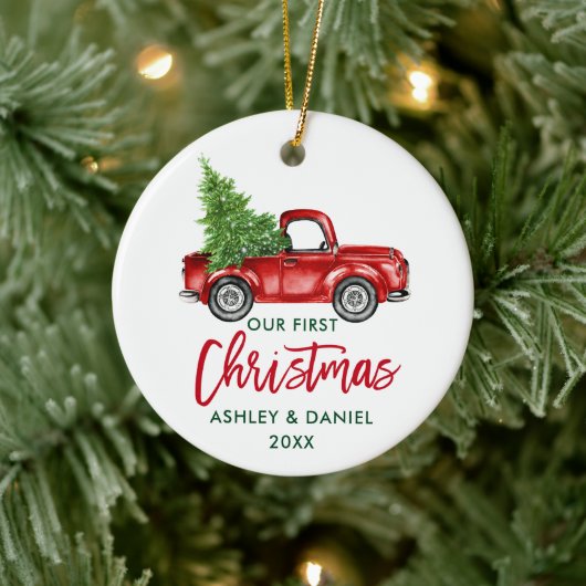 Brush Script Red Truck Erste Weihnacht Keramik Ornament (Baum)