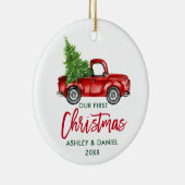 Brush Script Red Truck Erste Weihnacht Keramik Ornament (Rechts)