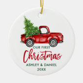Brush Script Red Truck Erste Weihnacht Keramik Ornament (Vorne)
