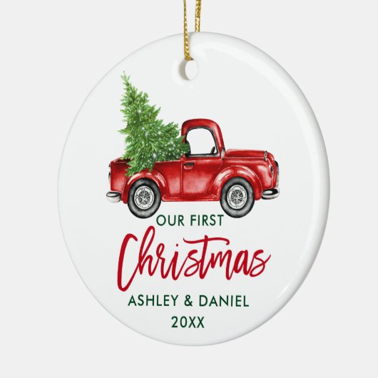 Brush Script Red Truck Erste Weihnacht Keramik Ornament (Links)