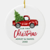 Brush Script Red Truck Erste Weihnacht Keramik Ornament (Hinten)