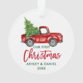 Brush Script Red Truck Erste Weihnacht Ornament (Rückseite)
