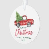 Brush Script Red Truck Erste Weihnacht Ornament (Vorderseite)