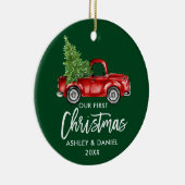 Brush Script Red Truck Erste Weihnachtsgrün Keramik Ornament (Rechts)