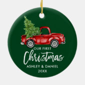 Brush Script Red Truck Erste Weihnachtsgrün Keramik Ornament (Hinten)