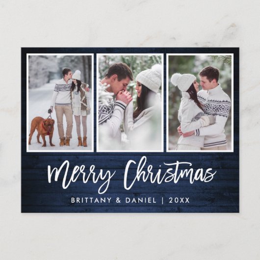 Brush Script Rustic Blue Wood Christmas 3 Foto Postkarte (Vorderseite)