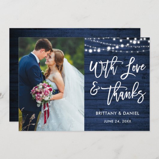 Brush Script Rustic Blue Wood Liebe Dank Hochzeit Dankeskarte (Vorne/Hinten)