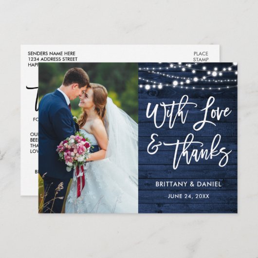 Brush Script Rustic Blue Wood Liebe Dank Hochzeit Postkarte (Vorne/Hinten)