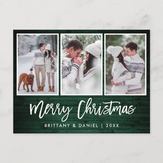 Brush Script Rustic Green Wood Christmas 3 Foto Postkarte (Vorderseite)