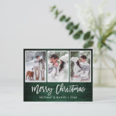 Brush Script Rustic Green Wood Christmas 3 Foto Postkarte (Stehend Vorderseite)